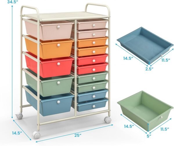 15-Drawer Rolling Storage Cart with Wheels - Image 3