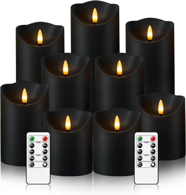 Set of 9 Battery-Operated Flameless LED Candles with Remote & Timer (Black)