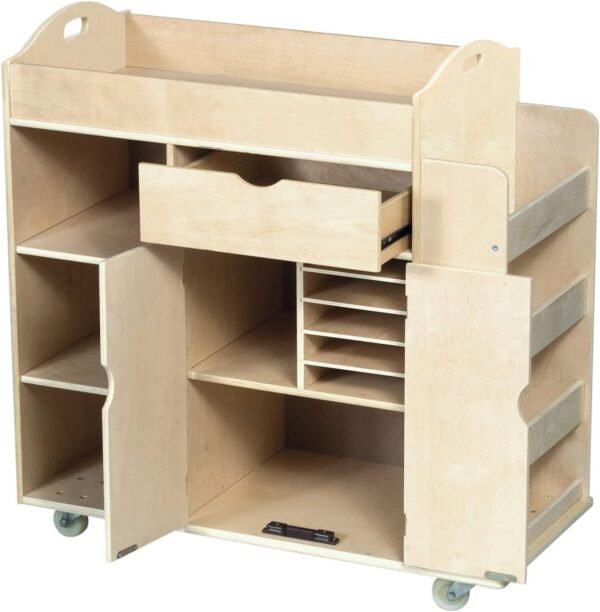Rolling Wooden Art Activity Cart with Shelves and Caster Wheels - Image 3