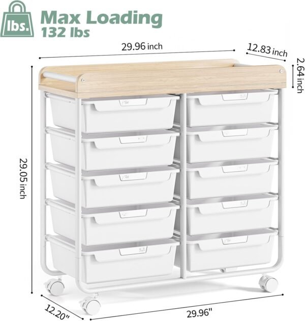 Rolling Storage Cart with 10 Large Drawers and Wooden Tabletop - Image 3