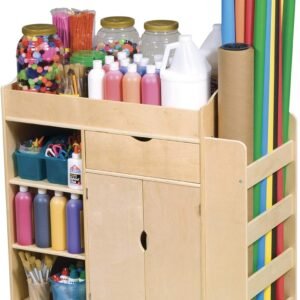 Rolling Wooden Art Activity Cart with Shelves and Caster Wheels