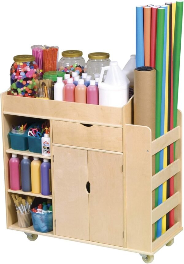 Rolling Wooden Art Activity Cart with Shelves and Caster Wheels