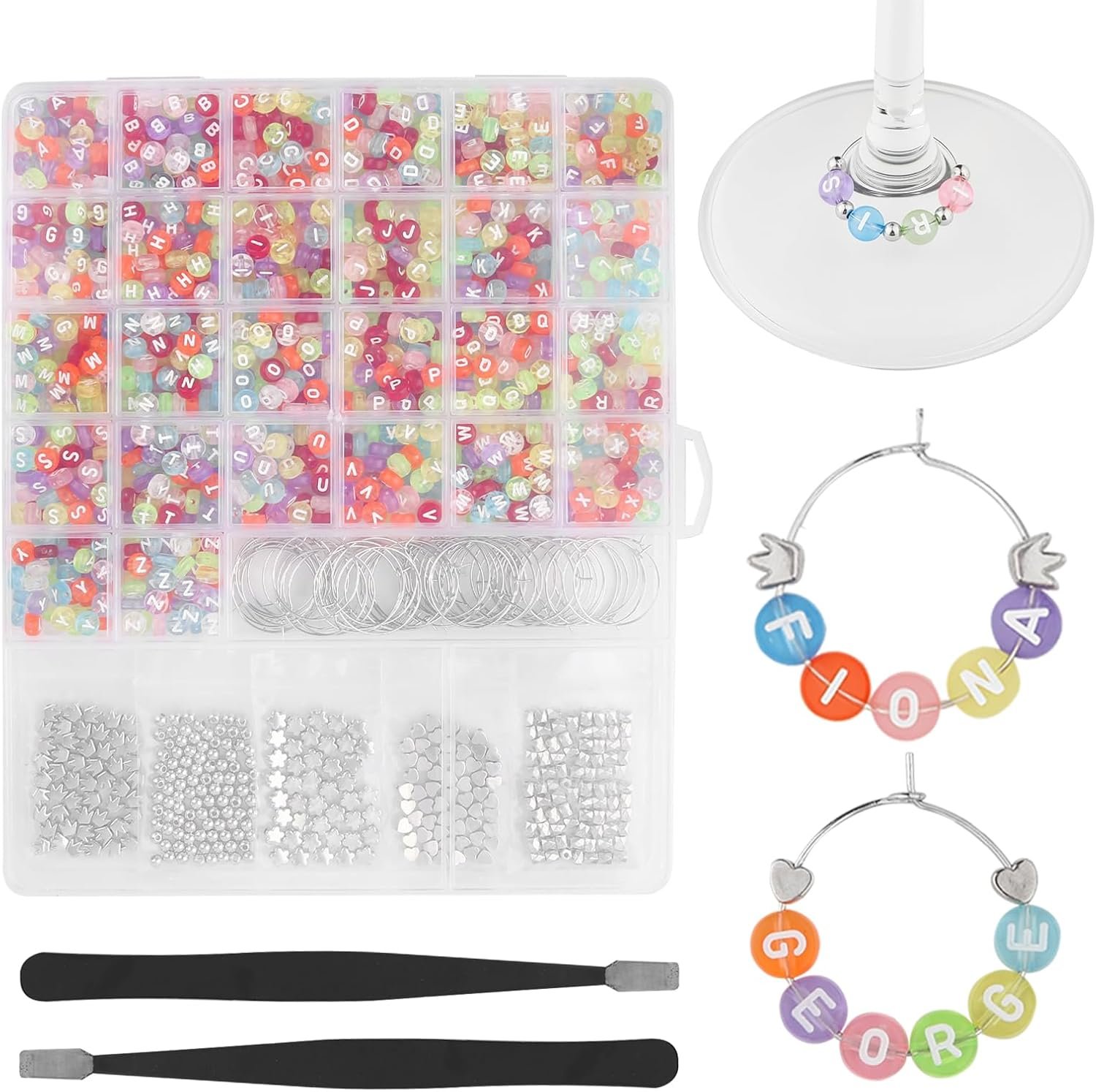 DIY Wine Glass Charm Set with Letter & Silver Beads, Rings, Tweezers, and Storage Bag (60 Sets)