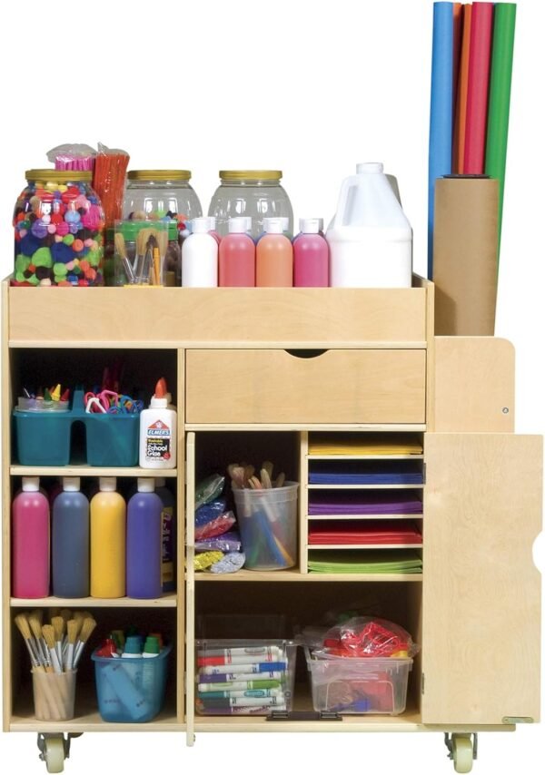 Rolling Wooden Art Activity Cart with Shelves and Caster Wheels - Image 4