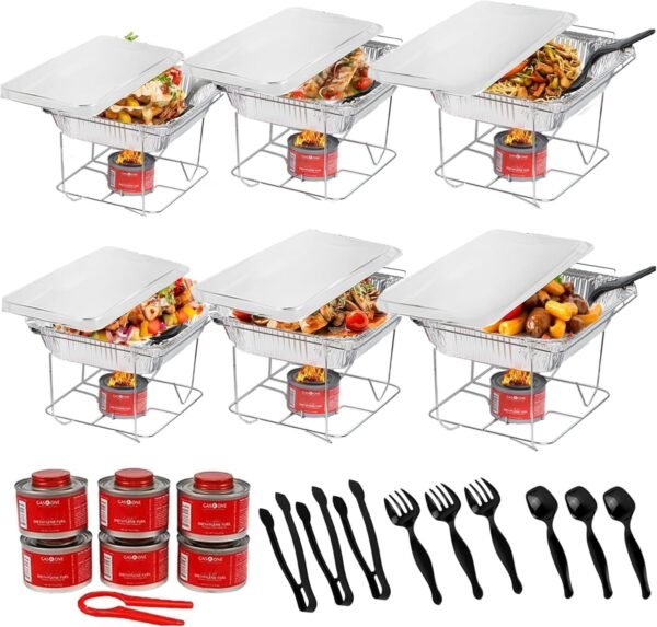 Disposable Chafing Dish Buffet Set (6 Pack) with Fuel Cans and Half Size Pans