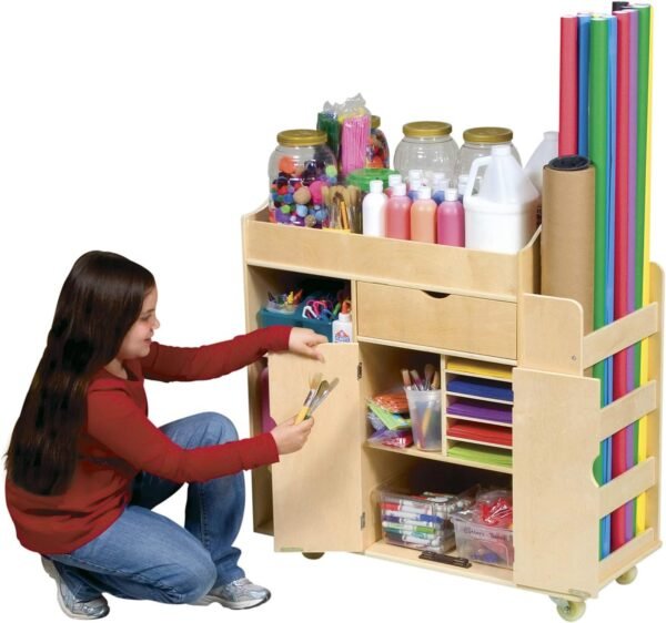 Rolling Wooden Art Activity Cart with Shelves and Caster Wheels - Image 2