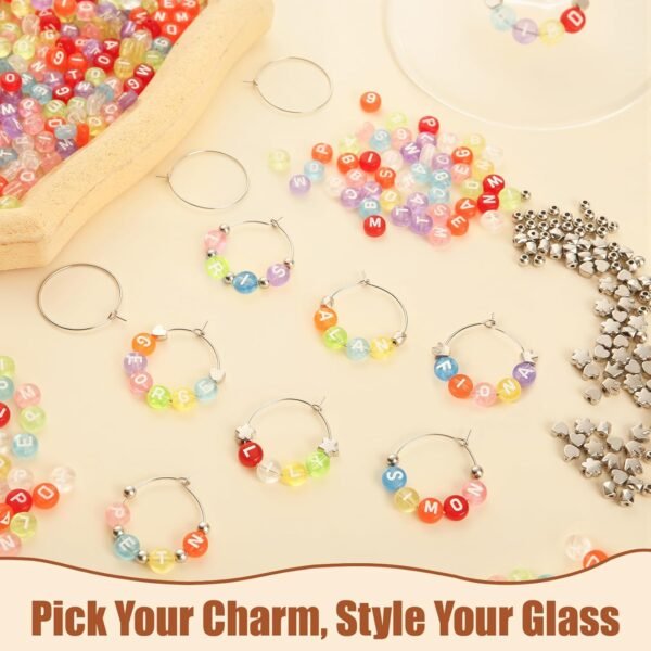 DIY Wine Glass Charm Set with Letter & Silver Beads, Rings, Tweezers, and Storage Bag (60 Sets) - Image 2