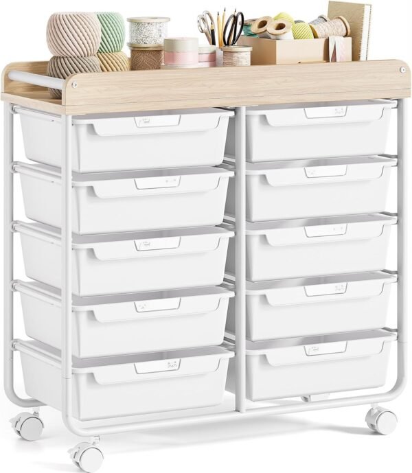 Rolling Storage Cart with 10 Large Drawers and Wooden Tabletop