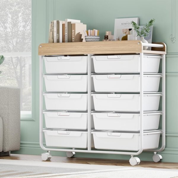 Rolling Storage Cart with 10 Large Drawers and Wooden Tabletop - Image 4