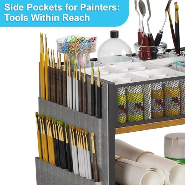 3-Tier Rolling Craft and Art Cart with Paint Brush Holder - Image 3