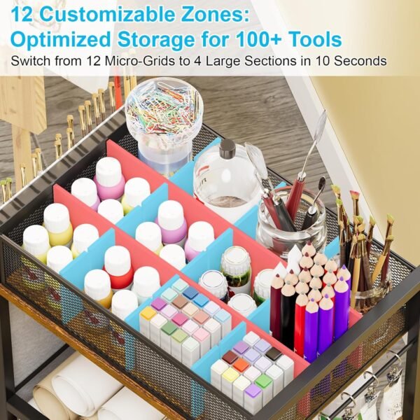 3-Tier Rolling Craft and Art Cart with Paint Brush Holder - Image 2