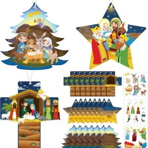 48 Sets Nativity Sticker Craft Kits – Christmas Tree Hanging Decorations for Religious Parties
