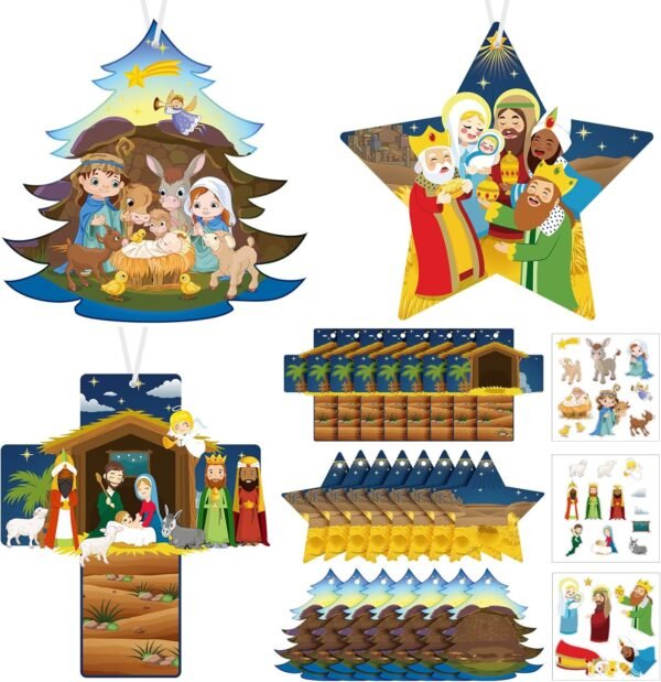 48 Sets Nativity Sticker Craft Kits – Christmas Tree Hanging Decorations for Religious Parties