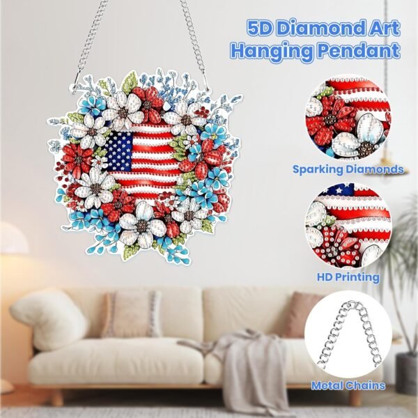 Independence Day Wreath Diamond Art Kit – 5D Patriotic Hanging Pendant for Home Decor - Image 4