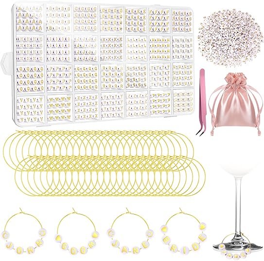 DIY Wine Glass Charm Kit with Letter Beads, Round Beads, and Rings (50 Sets)