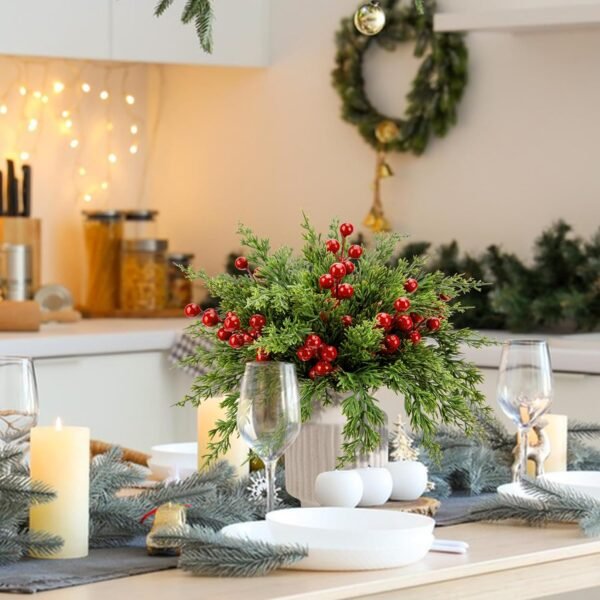 45PCS Artificial Pine Branches with Red Berries – 10.5" Faux Evergreen Stems for DIY Decor - Image 2