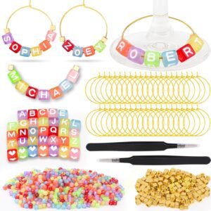 DIY Wine Glass Charm Set with Letter & Gold Beads, Rings, and Tweezers (60 Sets)