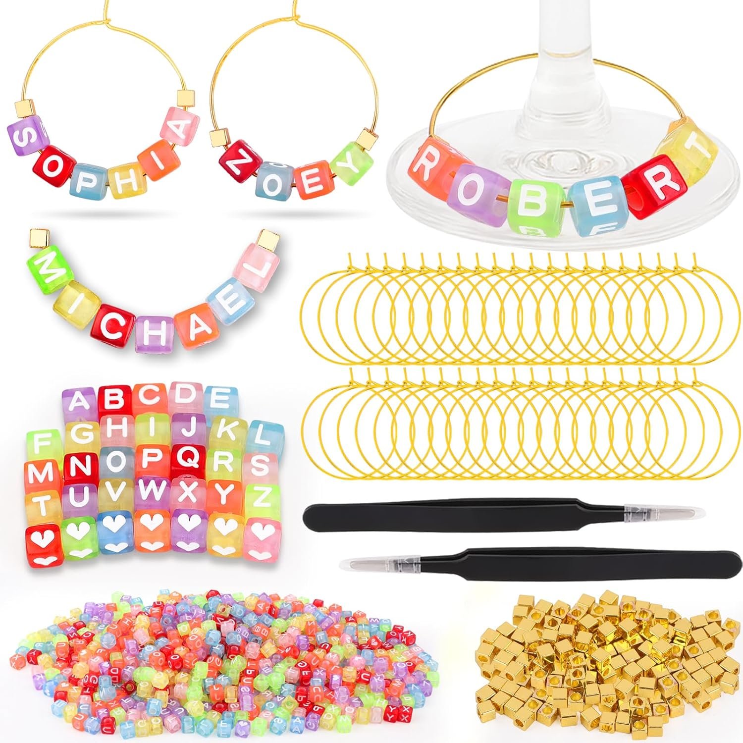 DIY Wine Glass Charm Set with Letter & Gold Beads, Rings, and Tweezers (60 Sets)