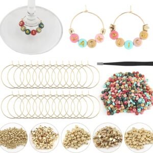 DIY Wine Glass Charm Set with Letter & Gold Beads, and Rings (50 Sets, Colorful)