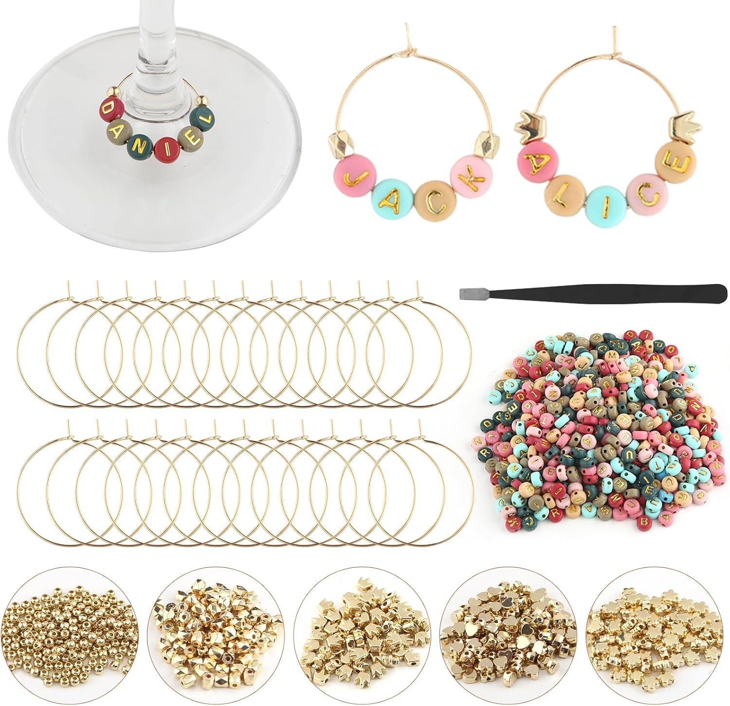 DIY Wine Glass Charm Set with Letter & Gold Beads, and Rings (50 Sets, Colorful)