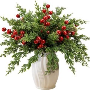 45PCS Artificial Pine Branches with Red Berries – 10.5" Faux Evergreen Stems for DIY Decor