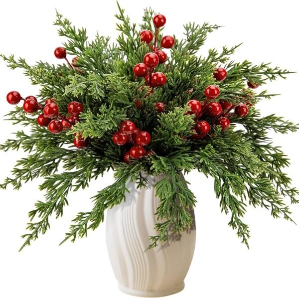 45PCS Artificial Pine Branches with Red Berries – 10.5" Faux Evergreen Stems for DIY Decor