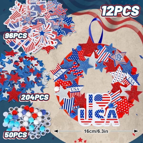 12PCS Patriotic Foam Wreath Craft Kit – American Flag Stickers, Glitter Stars & Ribbon for 4th of July - Image 4
