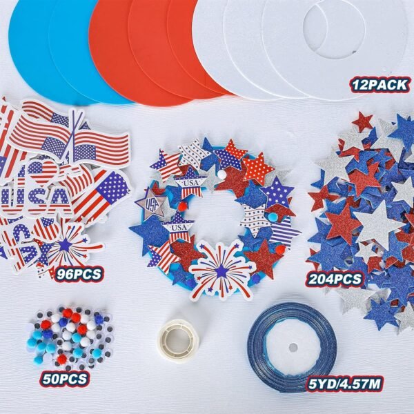 12PCS Patriotic Foam Wreath Craft Kit – American Flag Stickers, Glitter Stars & Ribbon for 4th of July - Image 3