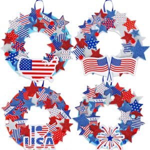 12PCS Patriotic Foam Wreath Craft Kit – American Flag Stickers, Glitter Stars & Ribbon for 4th of July