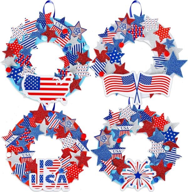 12PCS Patriotic Foam Wreath Craft Kit – American Flag Stickers, Glitter Stars & Ribbon for 4th of July