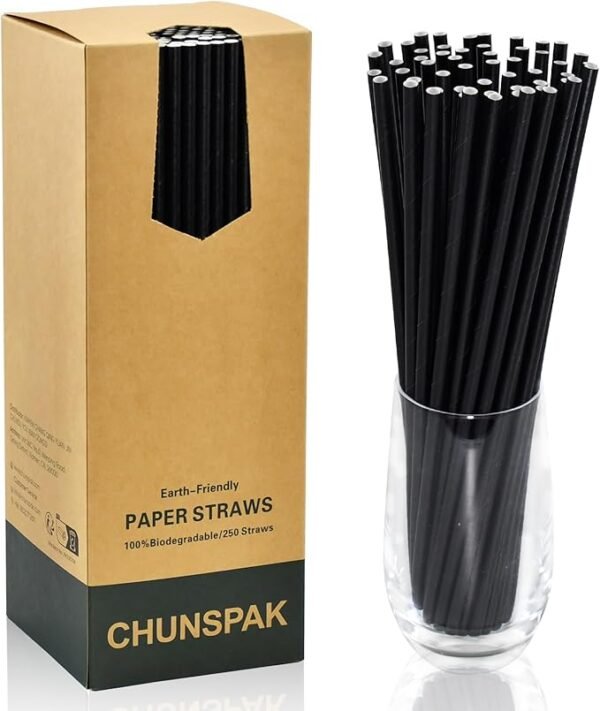 Disposable Black Paper Cocktail Straws and Stirrer Sticks (250 Counts)