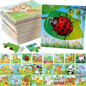 24 Pack Mini Wooden Jigsaw Puzzles for Kids