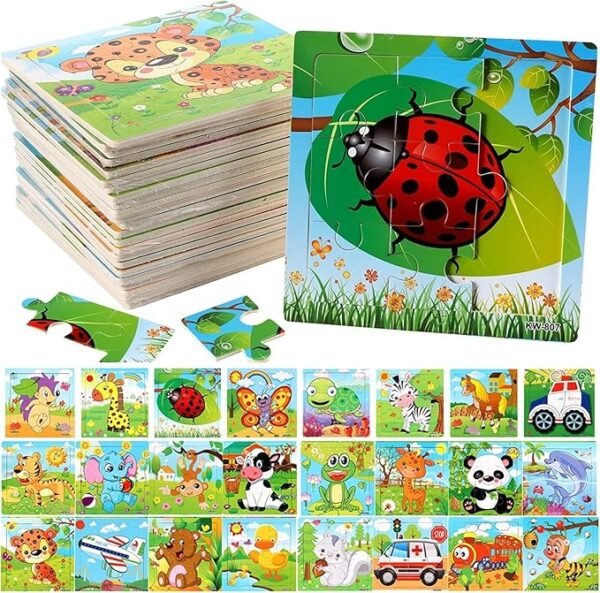 24 Pack Mini Wooden Jigsaw Puzzles for Kids