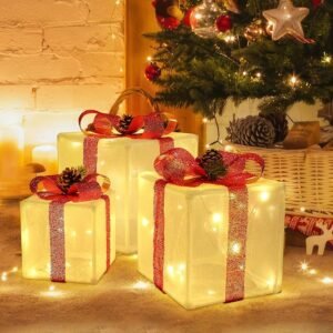 Set of 3 Light-Up Christmas Gift Boxes – Battery Operated with 50 Warm White Lights for Indoor & Outdoor Decor