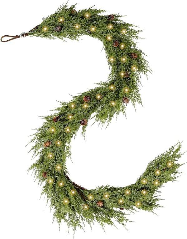 6FT Real Touch Cypress, Cedar & Pine Cone Garland – Christmas Indoor/Outdoor Decor