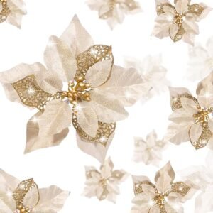 36PCS Gold Glitter Poinsettia Faux Flowers – Christmas & Wedding Decorations