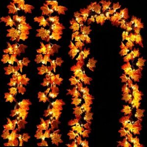 3-Pack 30ft Fall Garland with 60 LED Maple Leaf Lights – Battery Operated Autumn Decor
