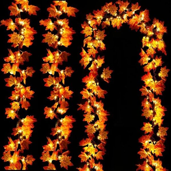3-Pack 30ft Fall Garland with 60 LED Maple Leaf Lights – Battery Operated Autumn Decor