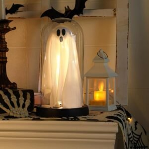 Light-Up Ghost in Glass Cloche – Cute Halloween Indoor Decoration for Home & Party