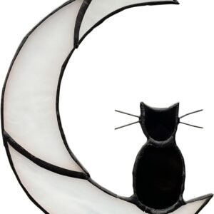 Black Cat on White Moon Stained Glass Suncatcher – Halloween Window Decor & Memorial Gift