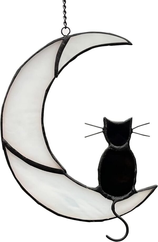 Black Cat on White Moon Stained Glass Suncatcher – Halloween Window Decor & Memorial Gift