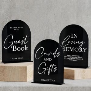 Set of 3 Black Acrylic Wedding Signs – 5"x7" with Stand, Modern Font for Reception & Events