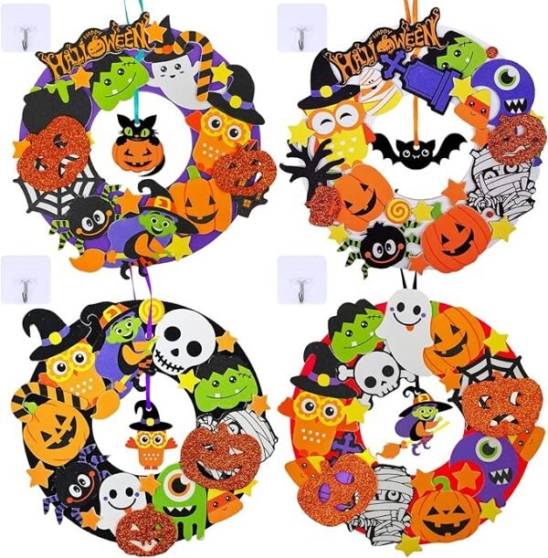 12 Sets Halloween Foam Wreath Craft Kits – Pumpkins, Ghosts, Bats & More for Kids & Door Decor