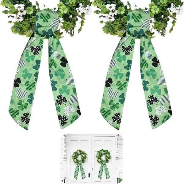 2PCS St. Patrick’s Day Green Shamrock Wreath Sash – 55" x 4.7" Front Door Decoration