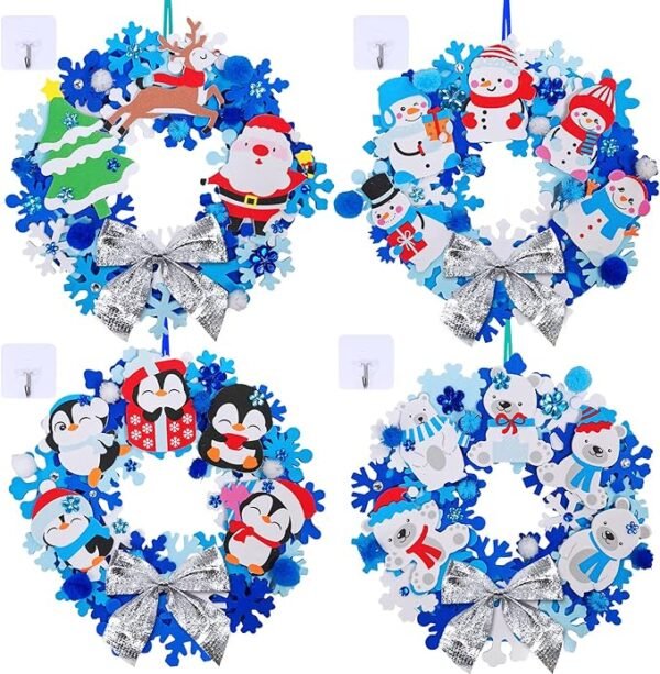 12 Sets Winter DIY Christmas Craft Kit – Snowflake Wreath, Snowman & Santa Foam Stickers for Kids