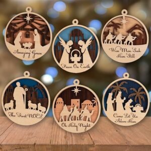 6PCS 3D Wooden Nativity Ornaments – Layered Hanging Christmas Tree Decorations for Home & Gift