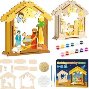 6PCS Wooden Nativity Centerpiece Kit – Coloring & Glowing Rustic Christian Ornament with Light