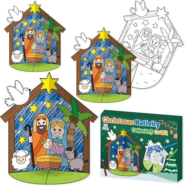 36PCS Nativity Coloring Craft Kit – DIY 3D Jesus Birth Scene for Kids & Classroom Projects