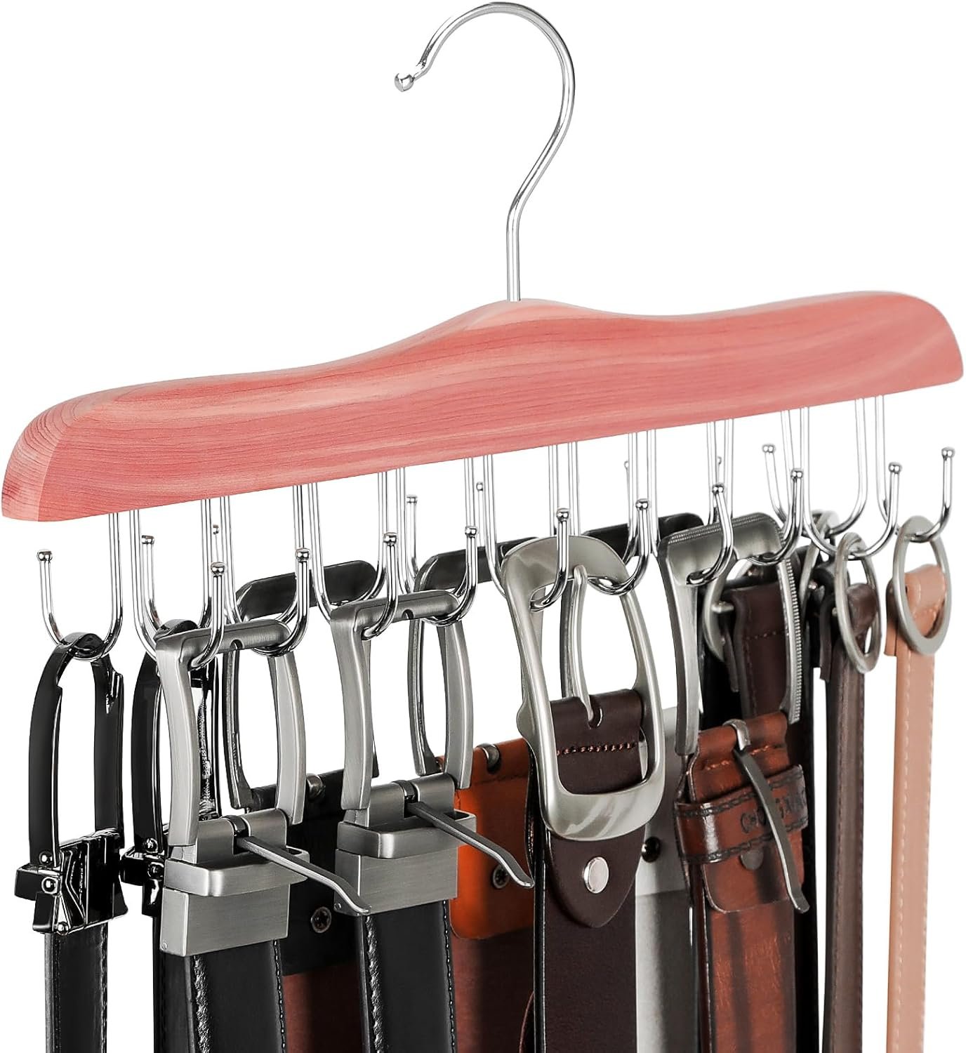 Cedar wooden belt hanger with 20 rotating hooks for closets