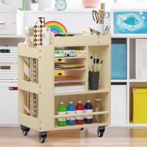 Rolling Wood Art Cart Crafts Storage Cabinet with Paper Shelf